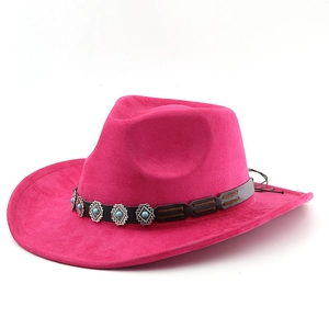 Fuchsia suede western cowboy hat with ethnic turquoise beaded band and metal accents