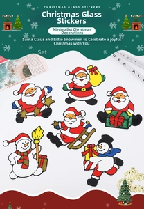 Close-up of Christmas window stickers featuring Santa Claus and snowman with glitter finish