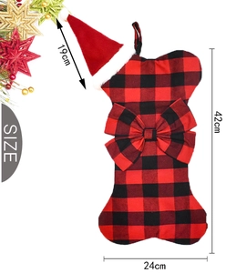 Size details of buffalo plaid bone Christmas stocking with bow and 42cm total length