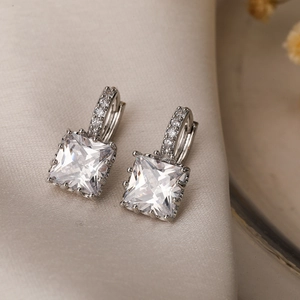 Square Zircon Hoop Earrings Copper Gold Plated Princess Cut Pave Exquisite Fashion Jewelry For Women