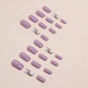 Medium square purple press-on nails with gold foil stripes and glossy finish