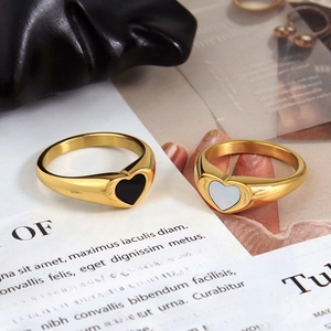 18K gold plated stainless steel rings with black and white epoxy heart insets
