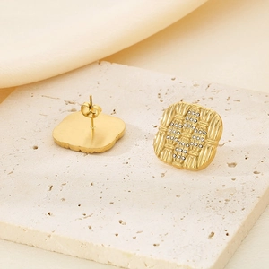 Elegant gold square stud earrings with cross-pattern diamonds on textured finish