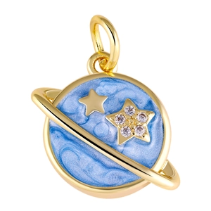 Detailed close-up of a gold-plated celestial planet pendant with blue enamel and stars