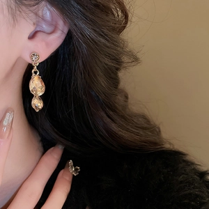 Detailed close-up of champagne teardrop crystal earrings in gold-toned elegant setting
