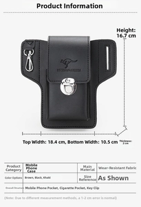 Detailed view of black leather phone holster dimensions showing the buckle and key ring