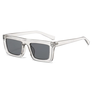 Unisex square frame sunglasses with transparent resin frames and dark grey lenses