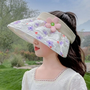 Girls' summer floral open top sun hat with foldable brim and decorative flower