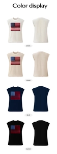 Detailed color selection showing four sleeveless knit vests with American flag patterns