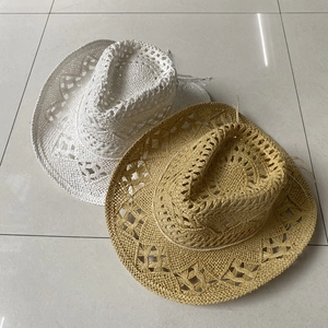 Detailed close-up showing hollow woven texture of natural straw cowboy sun hats in two tones