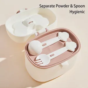 Portable baby formula dispenser with scoop and fork set in cream and pink storage box