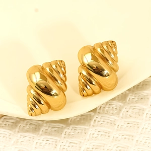 Polished gold stainless steel seashell stud earrings for women with minimalist spiral design