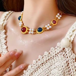 Vintage double-layer pearl necklace with red and blue gemstone accents for women