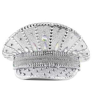 Silver sequin punk military hat with pyramid studs and iridescent crystal rhinestones