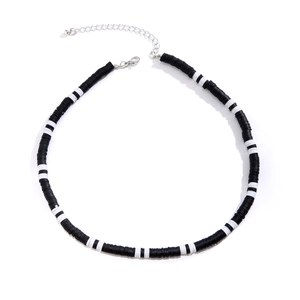 Minimalist black and white heishi clay bead necklace for men with silver lobster clasp