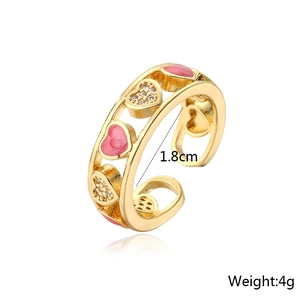18K gold-plated open heart ring with pink enamel and crystals, 1.8cm diameter view