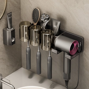 Wall Mounted Toothbrush Holder Hairdryer Rack Space Aluminum Bathroom Shelf Toothpaste Squeezer Mouthwash Cups Gun Grey