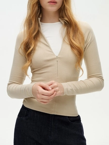 Slim fit beige mock neck long sleeve top with half zipper for women sports and fitness