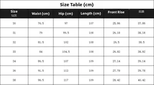 Detailed size chart for men's cotton linen casual pants with waist and length measurements