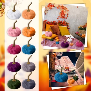 Detailed view of ten colorful velvet pumpkins with realistic stems for autumn home decor