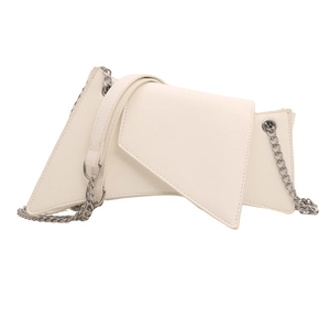 Minimalist white geometric asymmetric shoulder bag with silver chain and matte PU finish