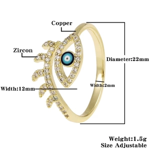 Macro shot showing dimensions and materials of evil eye adjustable ring in copper and zircon