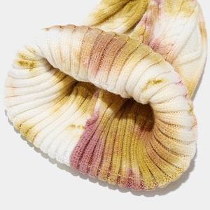 Women's cable knit tie-dye beanie in yellow and pink, thick thermal winter outdoor hat