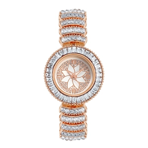 Luxury rose gold women quartz watch with crystal studded strap and floral dial