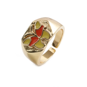 Detail of adjustable gold ring with red and yellow enamel butterfly flower pattern
