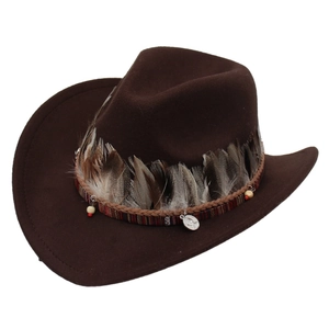 Detailed close-up of a brown felt cowboy hat with feather trim and wooden beads