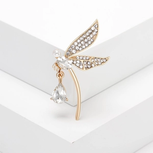Elegant gold dragonfly brooch with sparkling rhinestones and crystal drop for suits