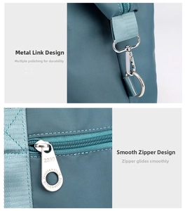 Detail of silver polished metal hook and smooth zipper on teal nylon crossbody bag