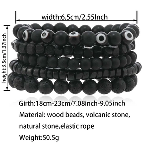 Detail view of multi-layer beaded bracelet with wood beads and size specifications