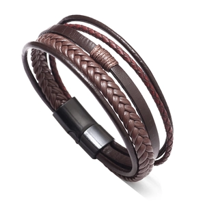 Multi-layer braided leather bracelet with magnetic buckle in dark brown and black finish