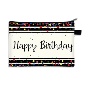 Minimalist Happy Birthday cosmetic pouch with colorful polka dots and striped pattern