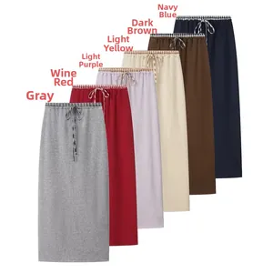 Detail showing elastic drawstring waistbands in six colors for knitted maxi skirts