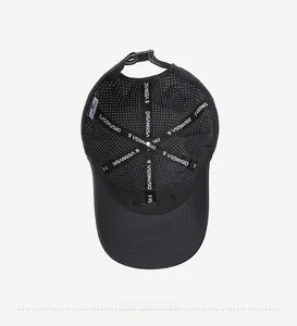 Detailed interior of black baseball cap showing breathable mesh and brand ribbon