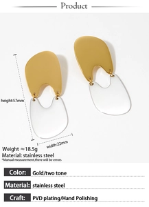 Detail view of two-tone stainless steel geometric earrings with precise size measurements