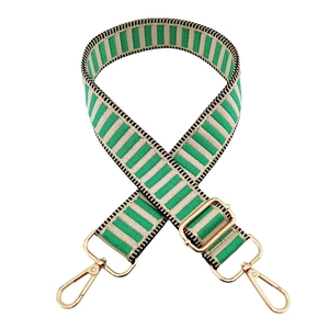 Detailed view of green and beige striped canvas strap with golden metal lobster clasps
