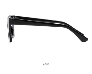 Side view of trendy black chunky frame glasses with polished finish and ergonomic temples