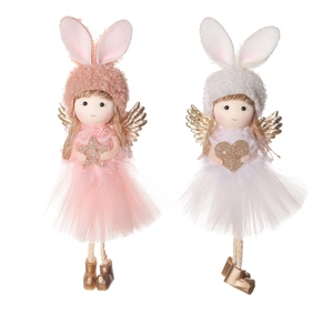 Pink and white plush rabbit ear angel hanging ornaments for Christmas tree decoration
