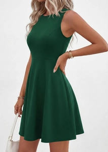 Detailed side view of dark green sleeveless dress with crew neck and slim waistline