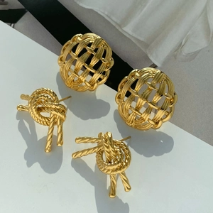 Hollow Woven Ball And Knot Stainless Steel Earrings Geometric Studs Fashion Jewelry For Women