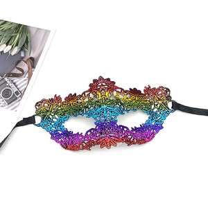 Detailed close-up of rainbow gradient lace masquerade mask with intricate cutout patterns