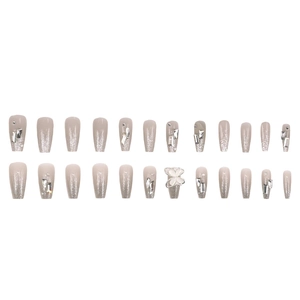 24pcs long coffin press on nails with grey silver gradient and 3D butterfly decor