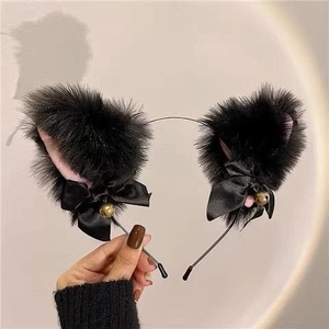 Serre-tête oreilles de chat en peluche noire avec clochettes et nœuds pour cosplay