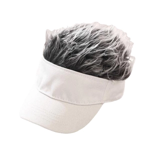 Funny novelty sun visor with silver grey wig hair and white cotton cap base for men and women