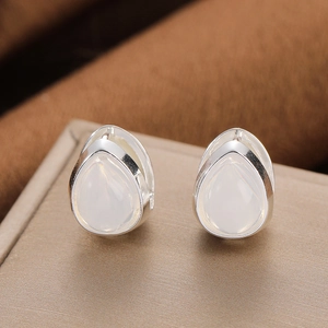 Minimalist silver needle waterdrop pearl earrings with cat eye stones and cubic zirconia