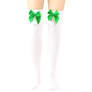 Detail of white over-knee socks with green satin bow and fuzzy white pom-pom accents
