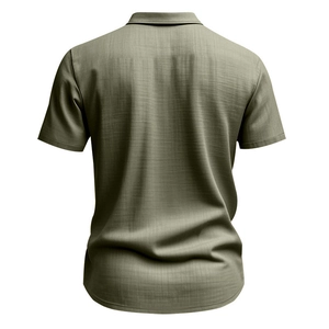 Back view of olive green short-sleeved linen shirt showing textured slub fabric detail